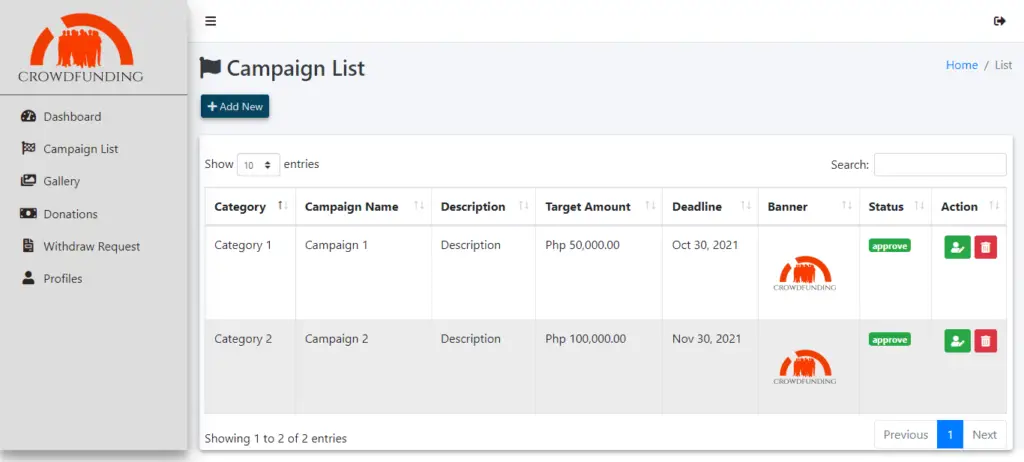 Crowd Funding Platform Template Source code - Campaign List Status