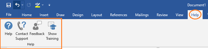 Help Tab of MS Word Ribbon