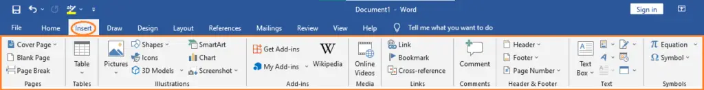 MS Word 2019 Insert Tab