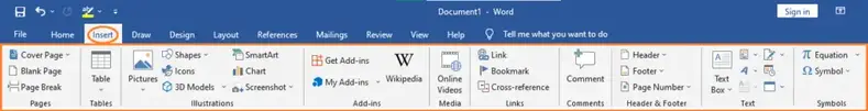 MS Word 2019 Insert Tab