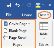 MS Word 2019 Insert Tab Pages Group