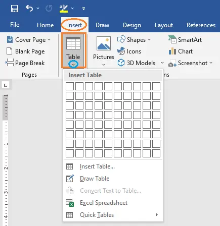 MS Word 2019 Insert Tab Tables Group