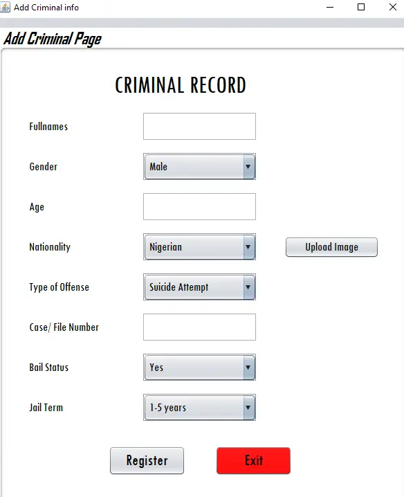 Criminal Record Management System Add Criminal Record