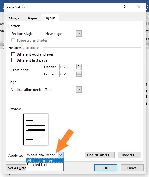 Choosing to apply the alignment to the Whole document or only to the Selected text