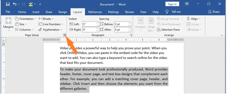Dialog Box Launcher button from the Page Setup section in Word
