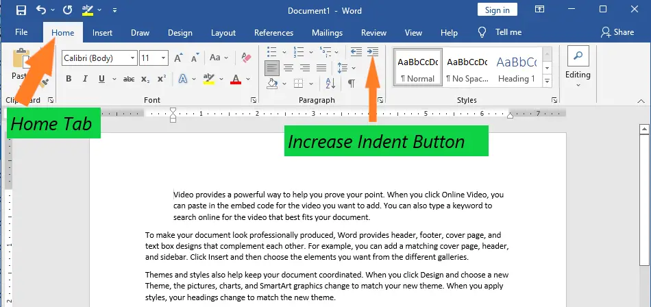 Increase indent buttton in MS Word