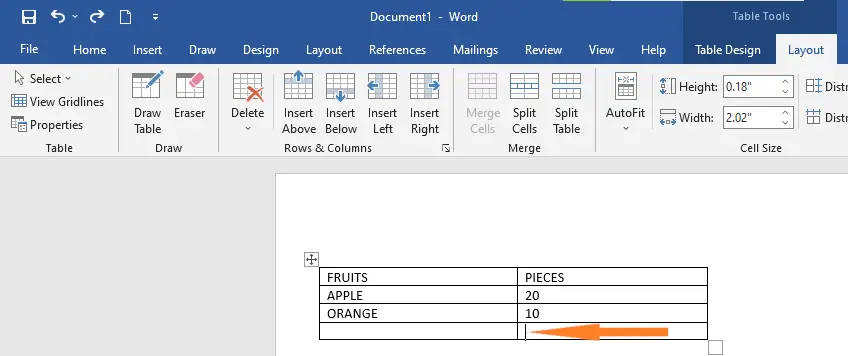 Insertion Point in Table Row