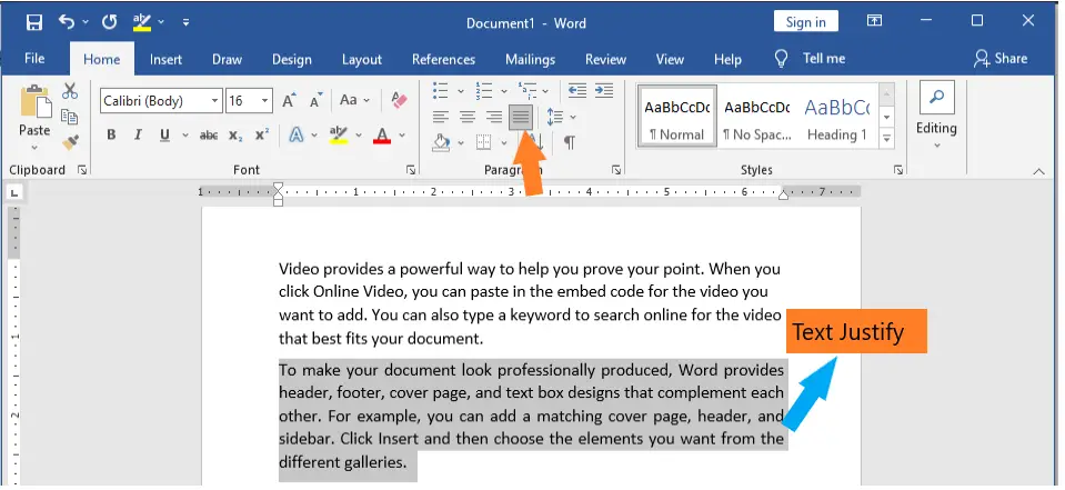 Justify button from the Paragraph section in Microsoft Word