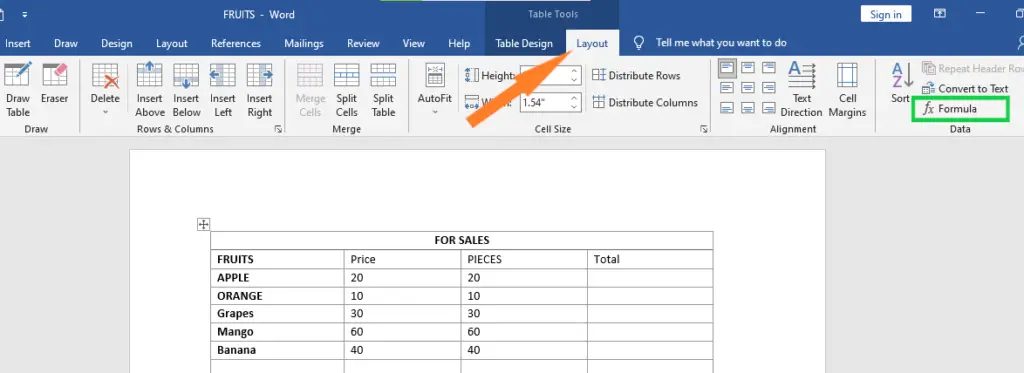 How To Add Formula To A Table In Word