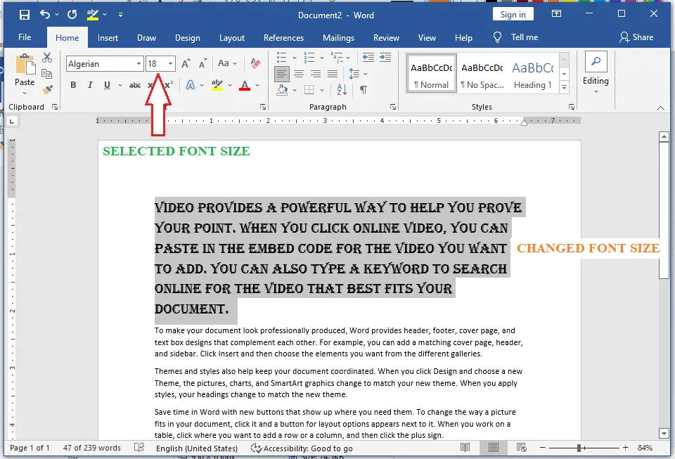 SELECTED FONT SIZE IN DOCUMENT