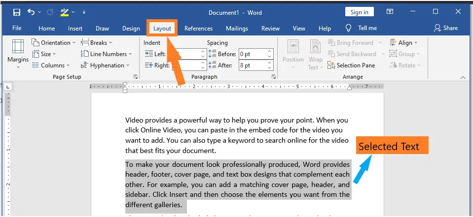 Select text and open the Layout tab from Microsoft Word