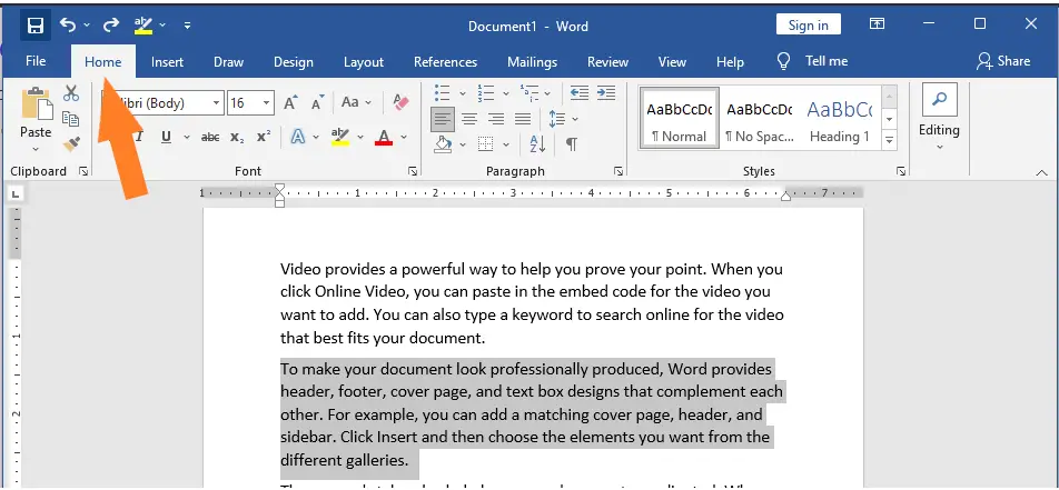 Selecting text and opening the Home tab from Microsoft Word