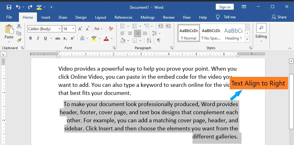 Text that has been aligned to the right in Microsoft Word