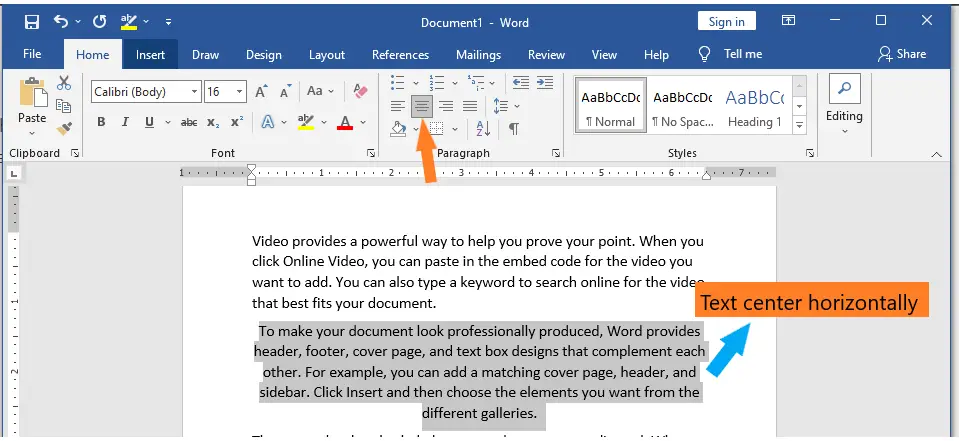 The Center button from the Paragraph section in Microsoft Word