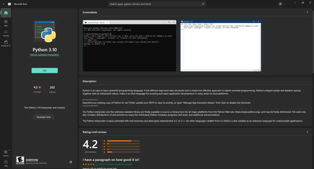 Python in Microsoft Store Installation Python 3.10