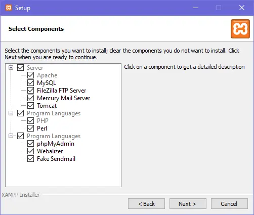 Select XAMPP Components