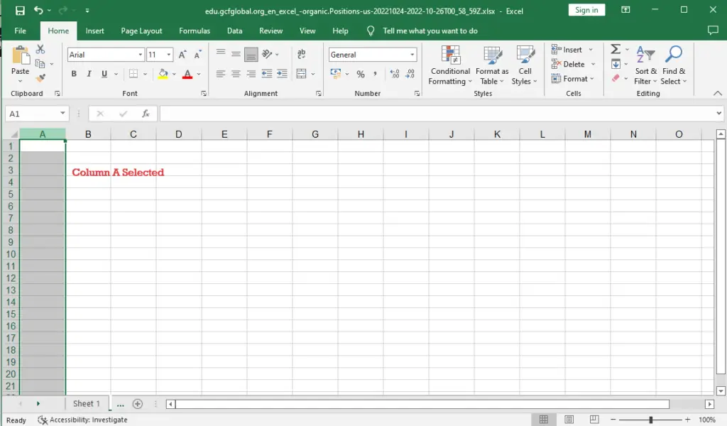 Excel Column A selected