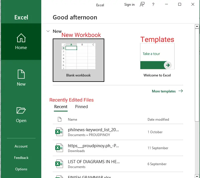 Excel home page