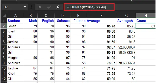 COUNTA FUNCTION multiple range