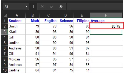 Excel Average Function Result