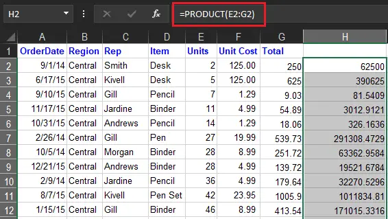 Excel product Function