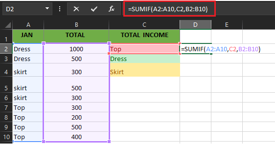 SumIF Function Formula
