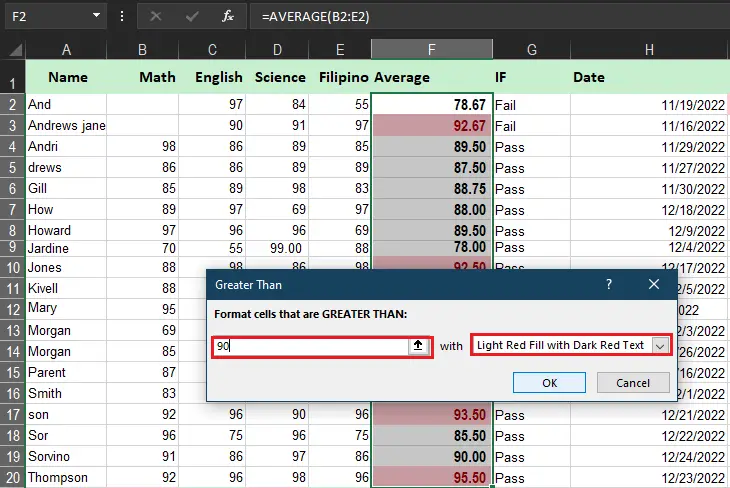 dialogbox of conditional formatting rules