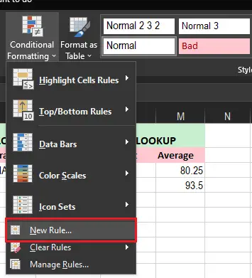 New rule conditional formatting