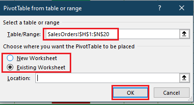 Pivot table dialog box