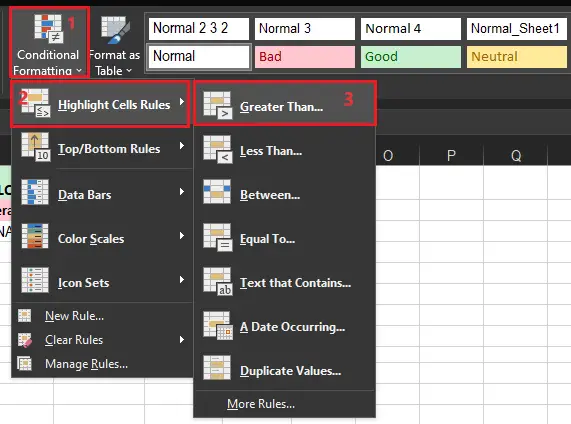 home tab conditional formatting highlight rules, greater than