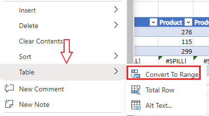 Convert table to range to remove #Split error in Excel
