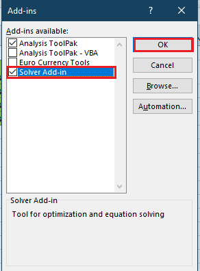 Excel Solver add-in checkbox