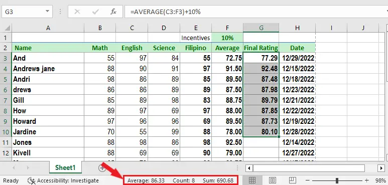 Status bar Excel function