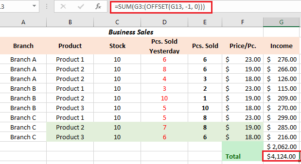 Sum and offset function result