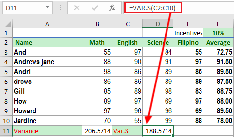 Var.S function in Excel