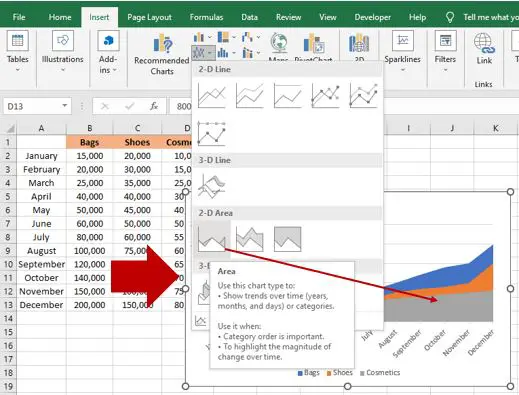 choose an area chart in excel