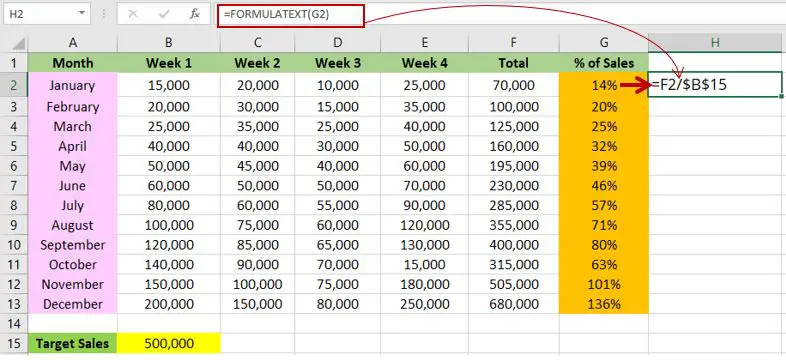 Using the FORMULATEXT to show formula in Excel