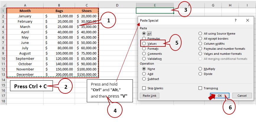 paste value shortcut in Excel