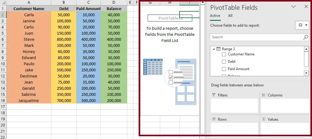 inserting a pivot table in Excel