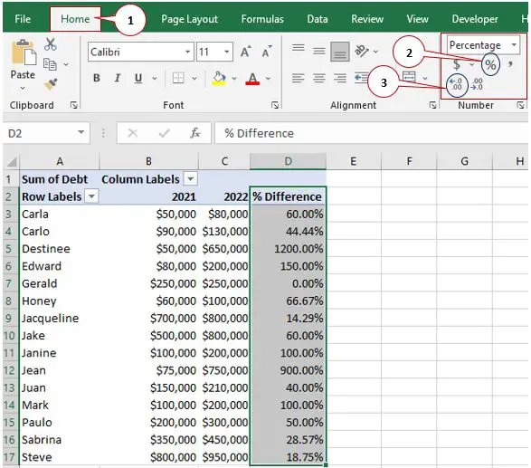 How To Calculate Percentage Difference In Excel Pivot Table