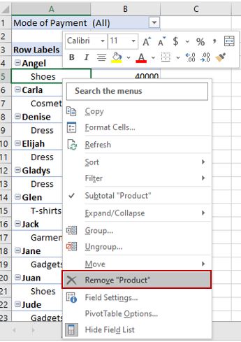 Removing a field from a pivot table