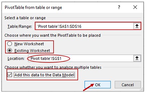 PivotTable from or range dialog box