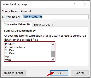 value field settings dialog box
