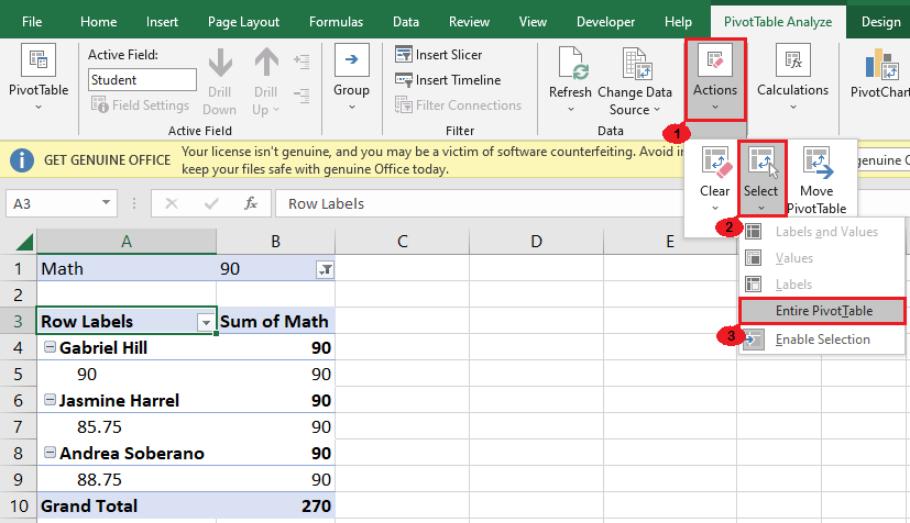 Click Actions, Select, then Entire PivotTable.