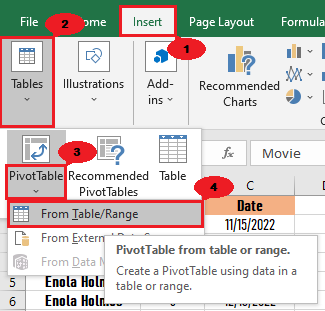 Click Insert, Tables, PivotTable, then From Table or Range