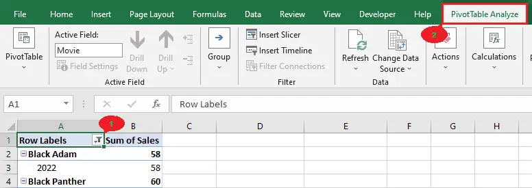 Click pivot table, then pivot table analyze tab