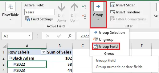 Click the group button, then the group field