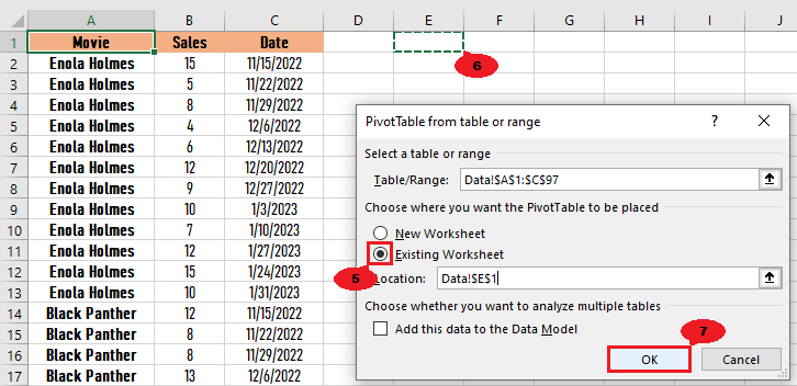 Select existing worksheet, cell, then OK