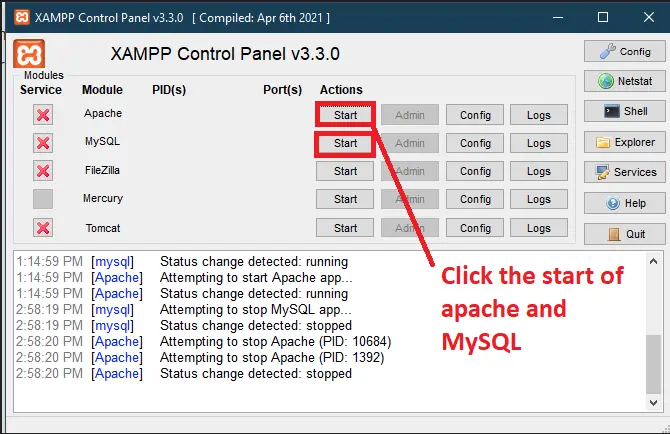 Start Apache and Mysql Car Driving School Management System in PHP
