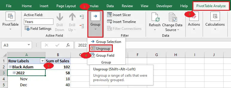 Ungroup Data in Pivot Table